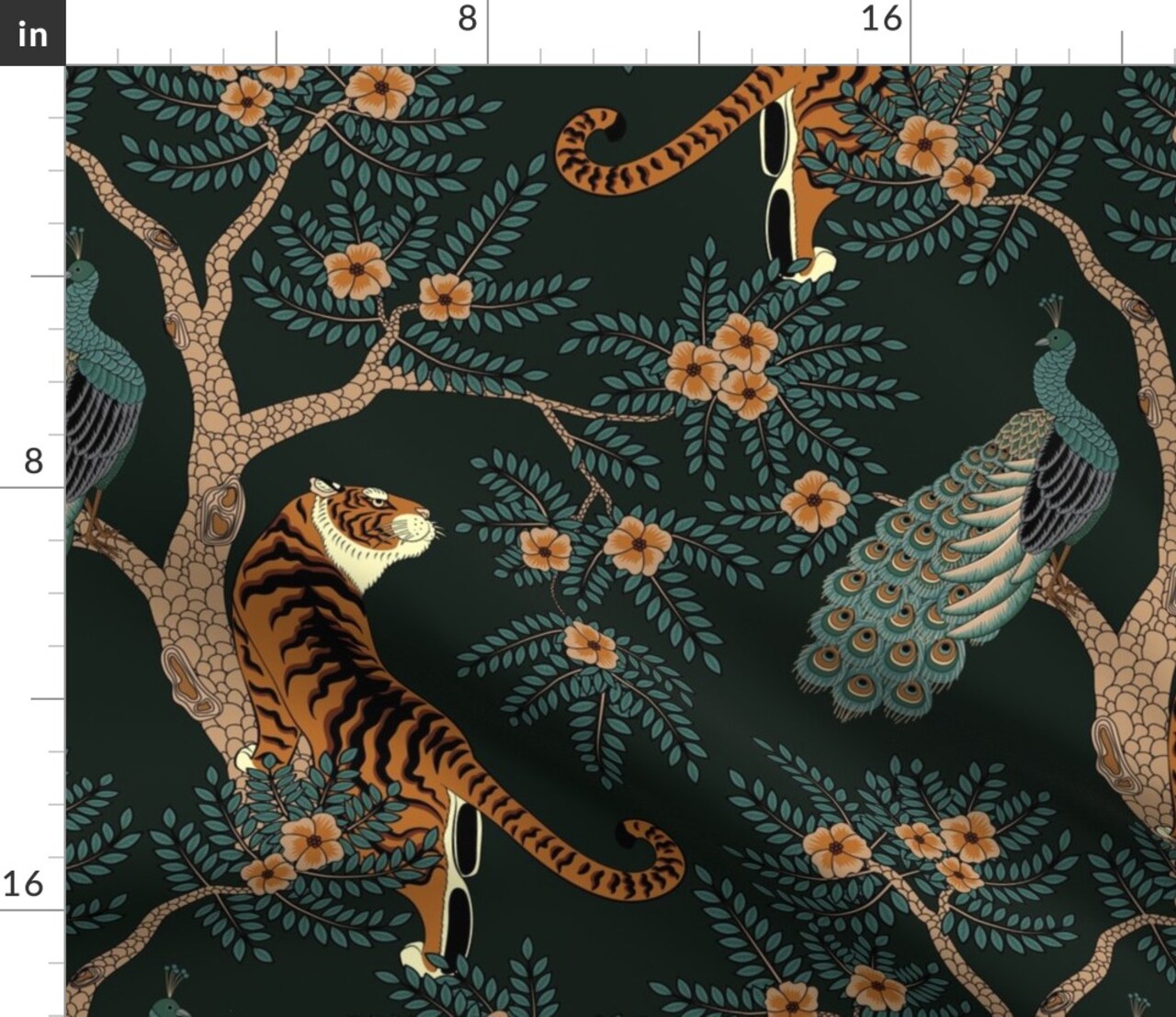 Tiger Chinoiserie Bengal Peacock Asian Inspired Dark Teal Orange Romantic Floral Victorian Custom Printed Fabric by Spoonflower Various Fabrics by the Yard or Fat Quarter